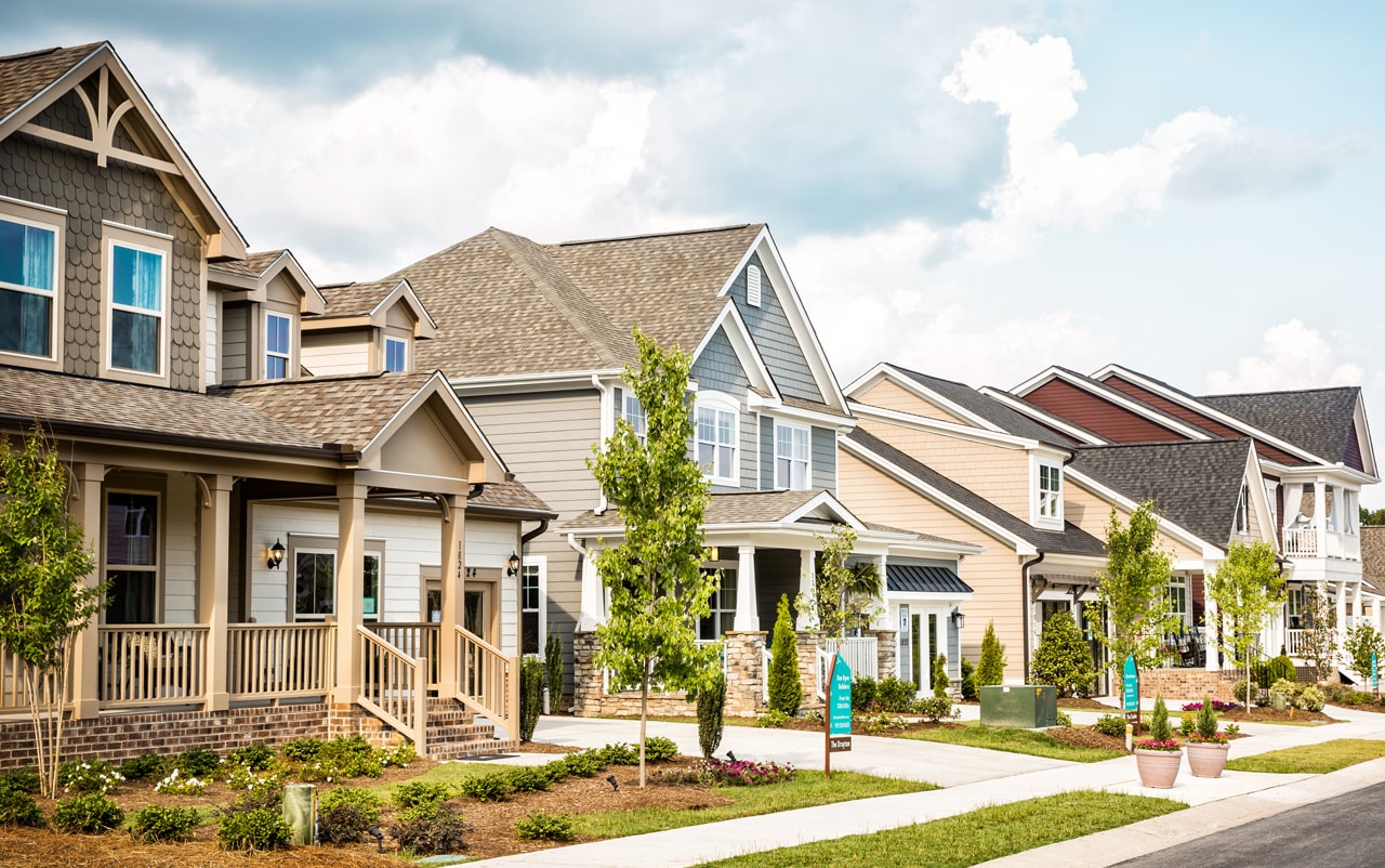 Row of model homes in Wendell Falls community