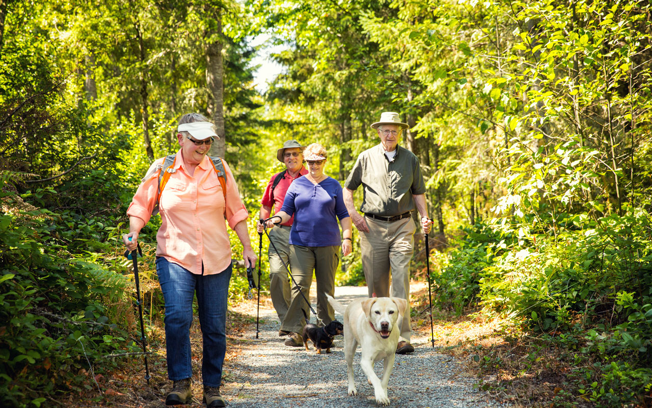 People hiking on trail with dog in Tehaleh