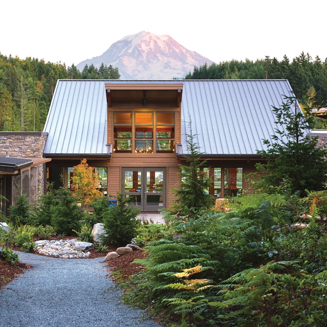 Exterior of The Post at Tehaleh with Mt. Rainer behind it