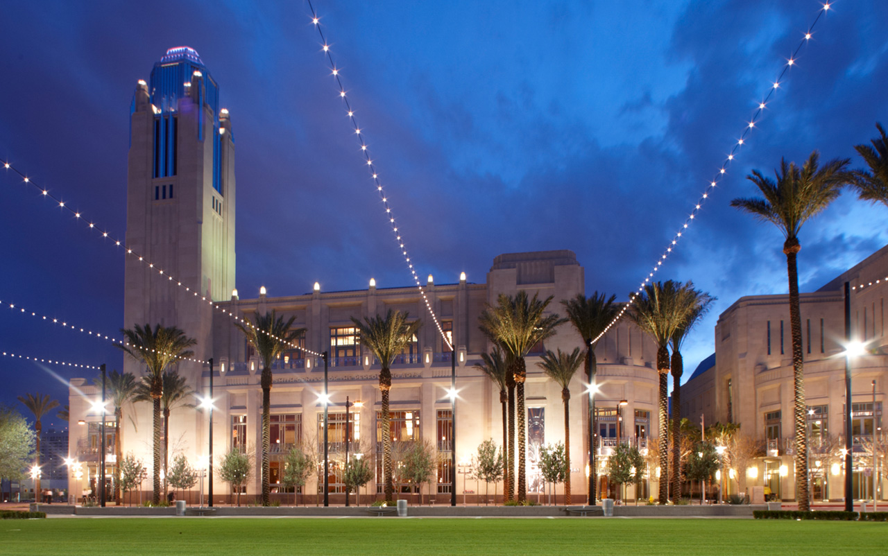 Exterior of Symphony Park at dusk with lights on