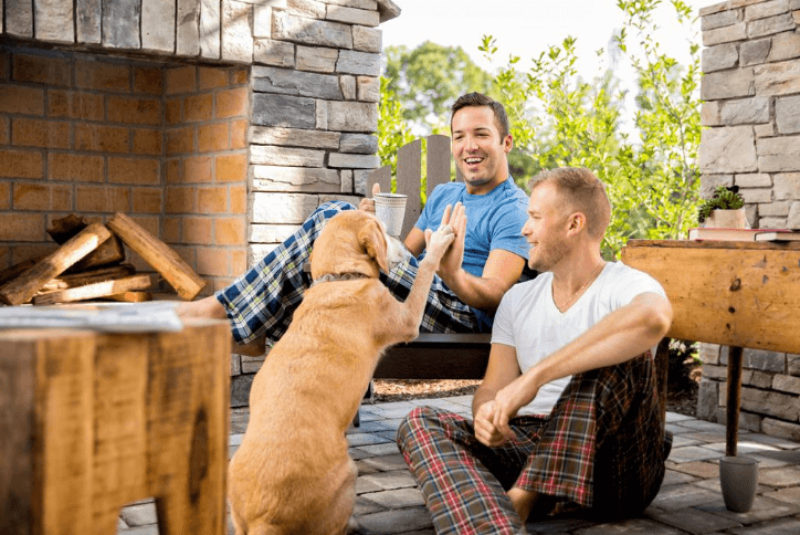 Male couple wearing pajams and high-fiving their dog