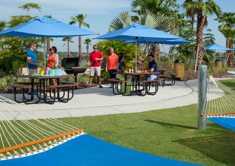 BBQ area in Waterset with hammocks in foreground